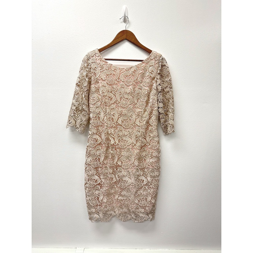 Eliza J Lace Overlay Pencil‎ Dress Quarter Sleeve Champagne Size 14